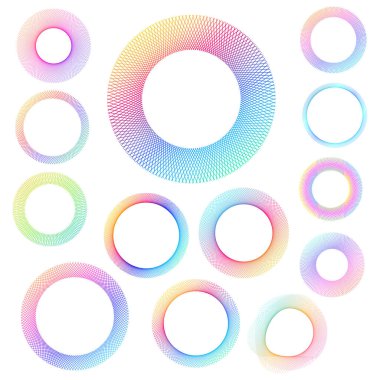 Geometrik çizgilerin kesişmesinden oluşan soyut renkli dairesel halkalar. Derinlik ve optik hareket etkisiyle modern gradyan çizgisi sanatı. Arkaplanlar, markalar, posterler, UI tasarımı, kapaklar ve çağdaş grafik düzenler için ideal