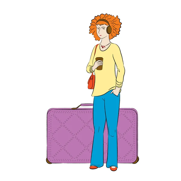 Dziewczyna z bagażem czeka na wyjazd — Wektor stockowy