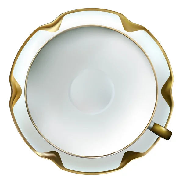 Réaliste fine porcelaine tasse blanche et soucoupe avec jante en or — Image vectorielle