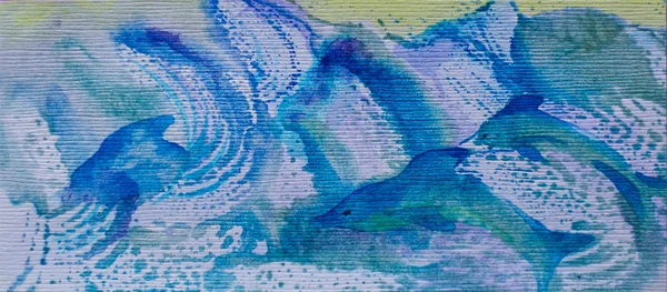 Aquarell-Bild der Delfinfamilie in blauen Wellen — Stockfoto