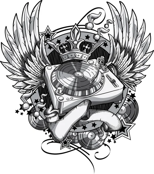 Turntable emblem with wings — стоковый вектор