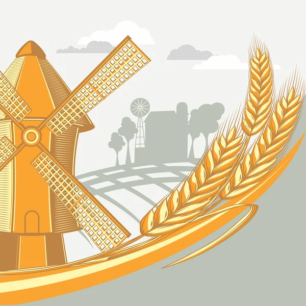 小麦、風車、ファームの背景 — ストックベクタ