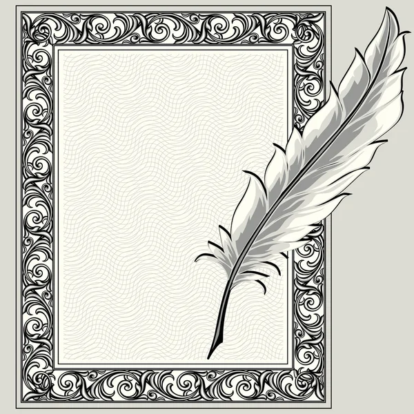 Plume plume stylo et cadre orné — Image vectorielle