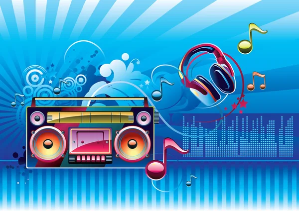 Boom box en muziek notities — Stockvector