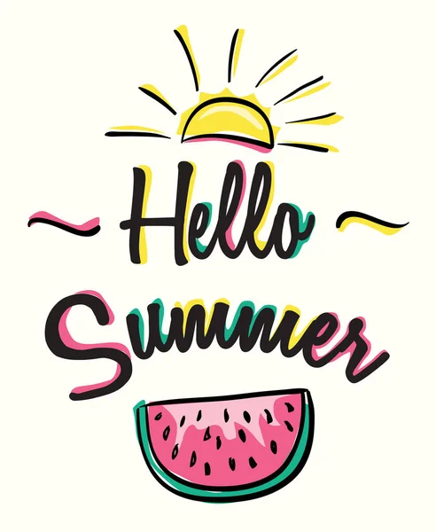 Hello Summer Trendy Drawn Label Watermelon Slice — Stock Vector