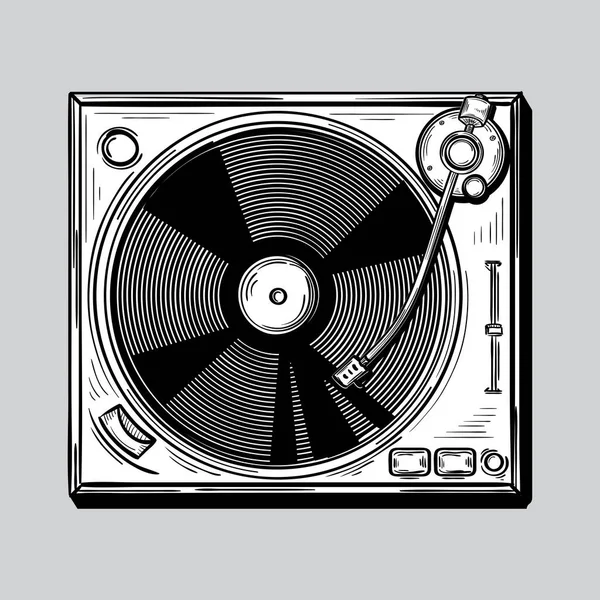 Drawn Monochrome Funky Musical Turntable — Stock Vector