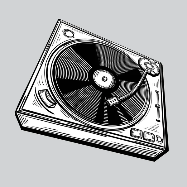 Drawn Monochrome Funky Musical Turntable — Stock Vector