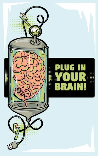 Plug Your Brain Cerebro Humano Dispositivo Steampunk Diseño Póster Dibujado — Vector de stock