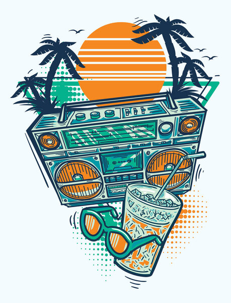 Summer party decorative design - boombox, drink, sunglasses and palms on sunset 