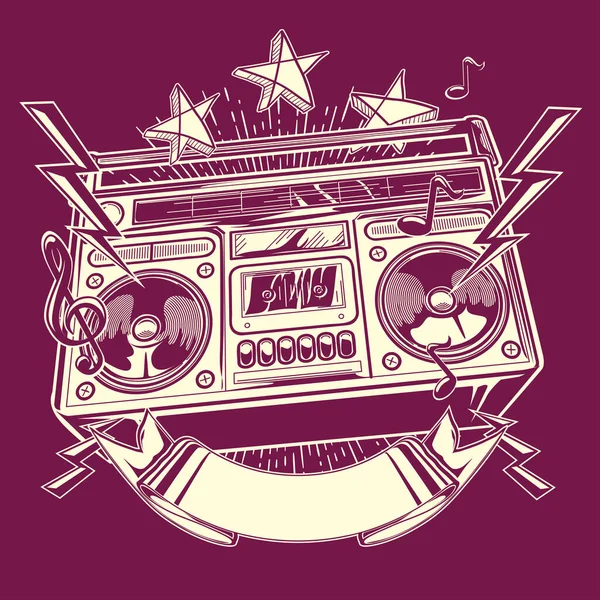 Grabadora Cinta Musical Boom Box Monocromo Emblema Funky — Vector de stock