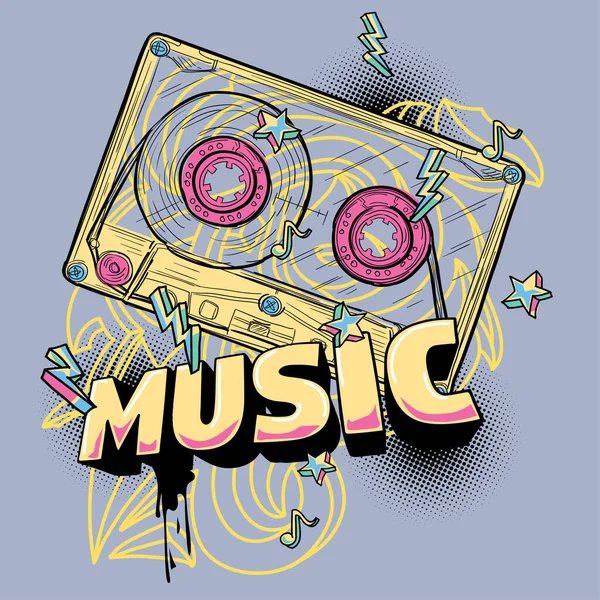 Music Design Funky Drawn Audio Cassette Graffiti — Stock Vector