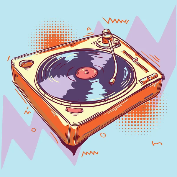 Funky Colorful Drawn Music Turntable — Stock Vector