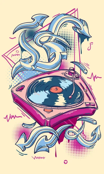 Funky Colorido Dibujado Tocadiscos Música Flechas Graffiti — Vector de stock