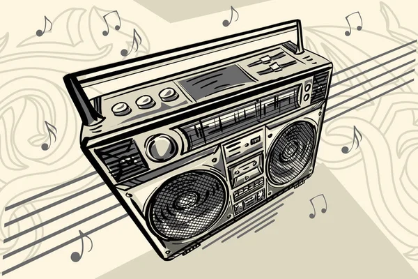 Monochrome Musical Funky Drawn Boombox Notes — Stock Vector