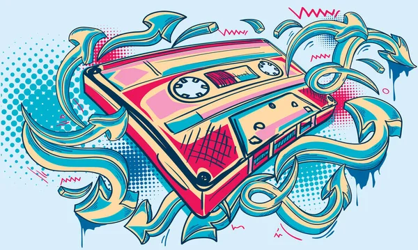 Disegno Musicale Audiocassetta Disegnata Funky Frecce Graffiti — Vettoriale Stock