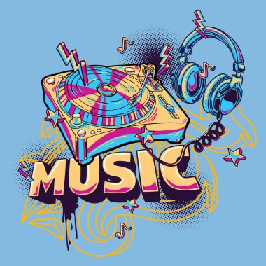 Fiyakalı döner tablolu ve kulaklıklı müzik afişi tasarımı