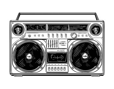 El çizimi siyah ve beyaz retro teyp kayıt cihazı, vektör, illüstrasyon