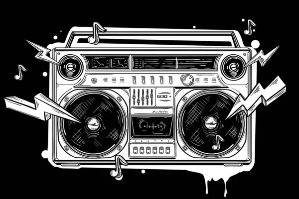 Funky Preto Branco Desenhado Boom Box Graffiti — Vetor de Stock