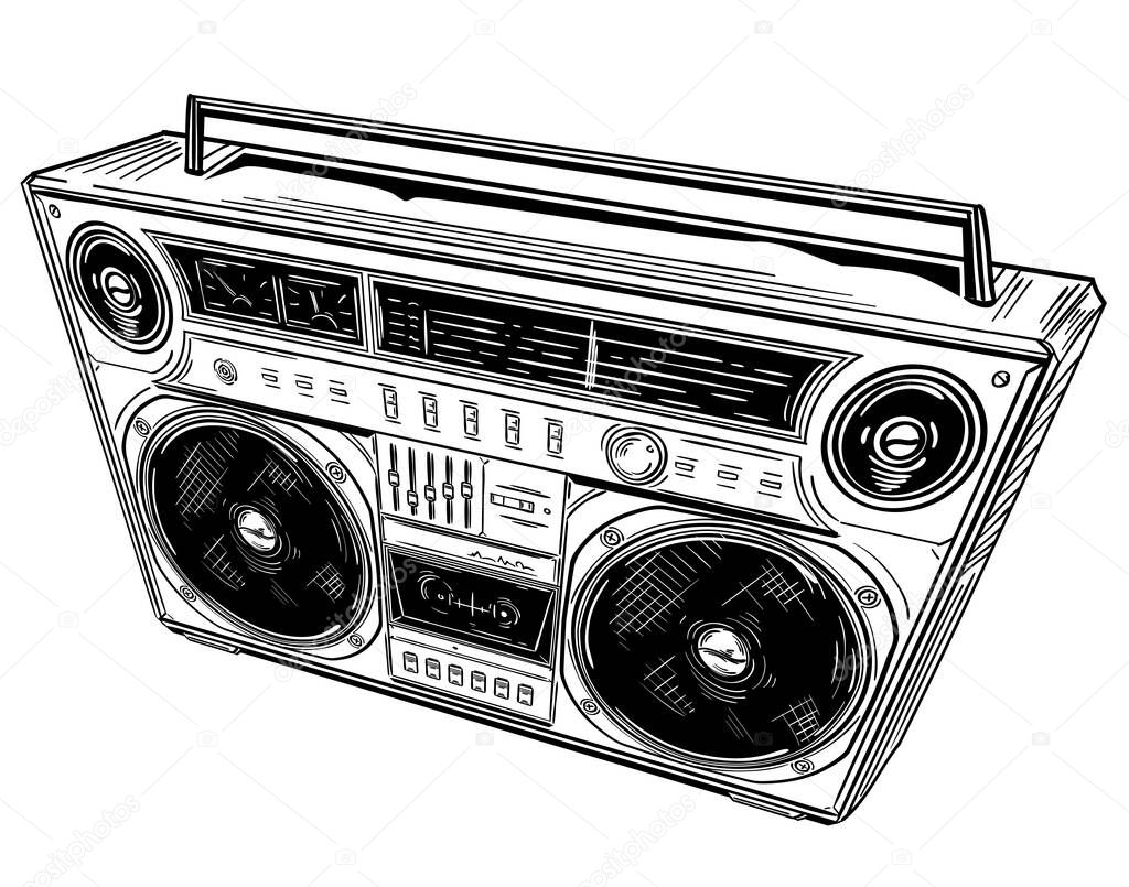 hand drawn black and white retro boombox tape recorder, vector, illustration