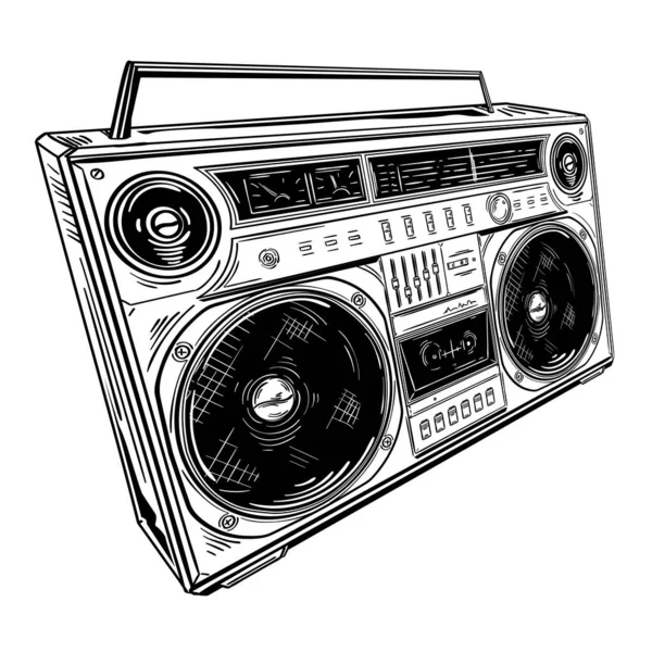 Grabadora Cinta Boombox Retro Blanco Negro Dibujada Mano — Vector de stock