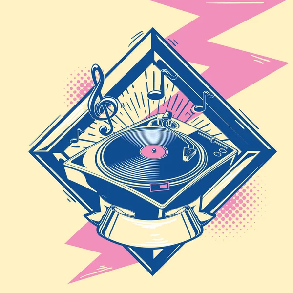 Giradiscos Notas Emblema Música Moda — Vector de stock