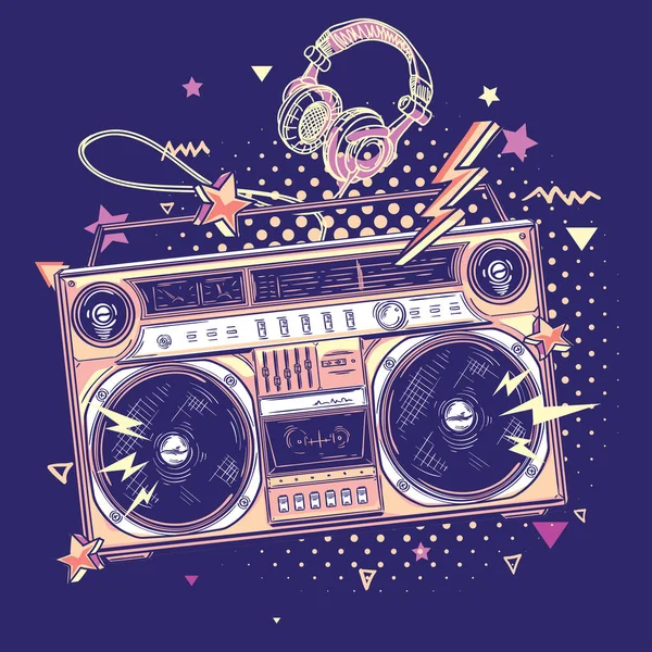 Müzik tasarımı posteri, renkli çizilmiş teyp kaydedicisi.
