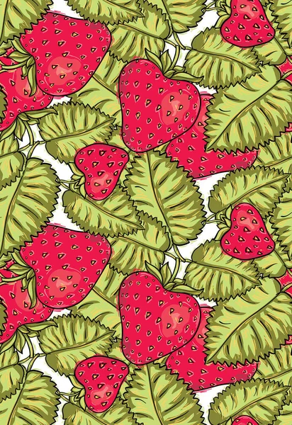 有红色草莓和叶子的装饰无缝图案 — 图库矢量图片