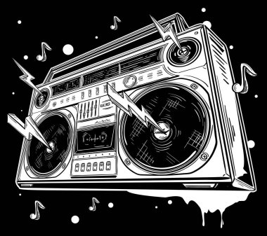 80 'lerin disko müzik boombox' ıyla funky black and white müzik tasarımı