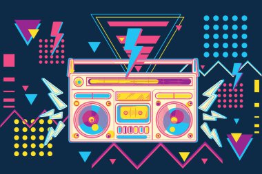80 'lerin disko müzik boombox' ıyla eğlenceli renkli müzik tasarımı 