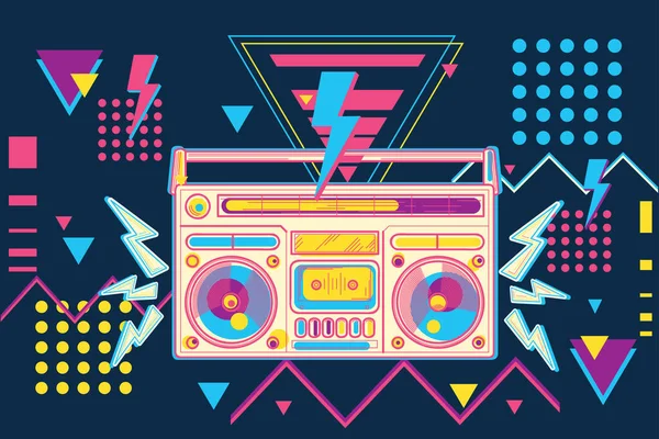 Funky Diseño Música Colorida Con Música Disco Los Años Boombox — Vector de stock