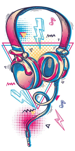 Funky Colorido Desenhado Desenhos Animados Fones Ouvido Musicais — Vetor de Stock