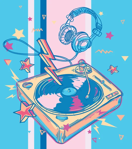 Funky Colorido Dibujado Diseño Música Tocadiscos Auriculares — Vector de stock