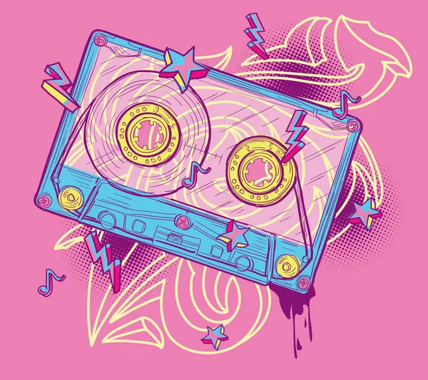 Diseño Musical Funky Dibujado Audio Cassette Graffiti — Vector de stock