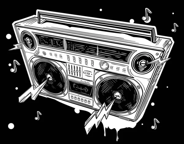 Funky Blanco Negro Dibujado Boom Box Graffiti — Archivo Imágenes Vectoriales