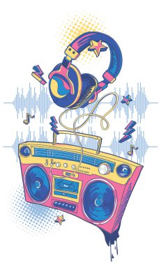 Çizgi film çizimlerinin renkli müzik tasarımı teyp ve kulaklıklar, 