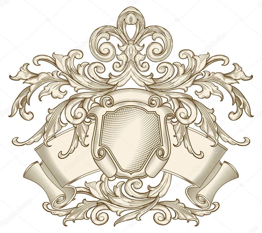 Ornate monochrome decorative vintage coat of arms isolated on white background, close view 
