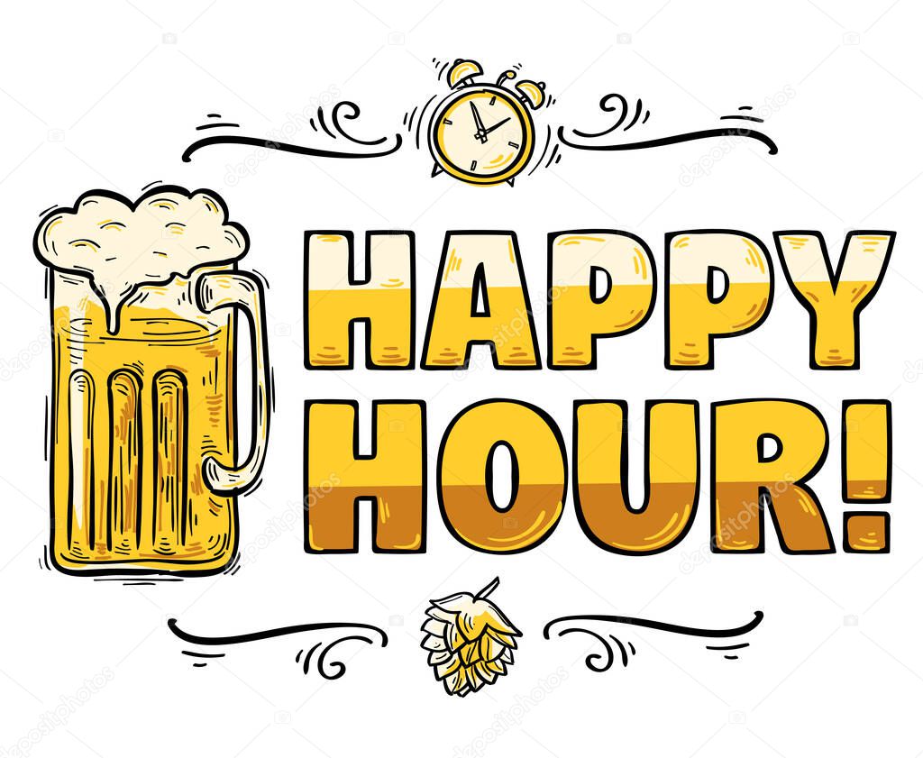 advertising sign with and text Happy hour 