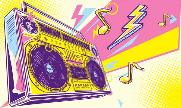 Disegno Musicale Funky Colorato Disegnato Boom Box Tape Recorder — Vettoriale Stock