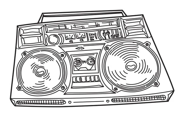 Black White Doodle Drawn Musical Boom Box Tape Recorder — Stock Vector