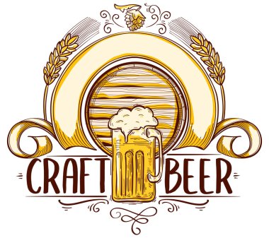 Tahta fıçı ve bir bardak bira dekoratif metin sanatları birasıyla amblem çizilmiş. 