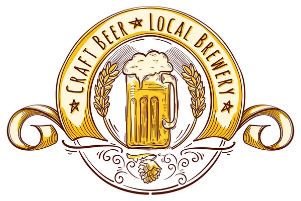 Glas Bier Decoratief Getekende Embleem Met Tekst Lokale Brouwerij Ambachtelijk — Stockvector