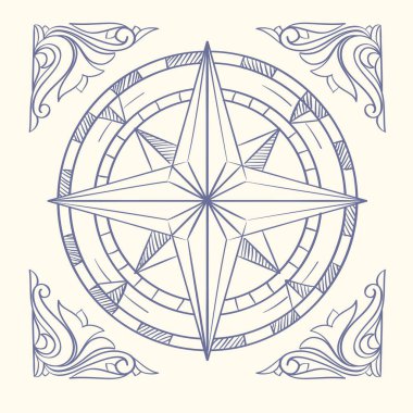 El çizimi pusula gül süsleme amblemi