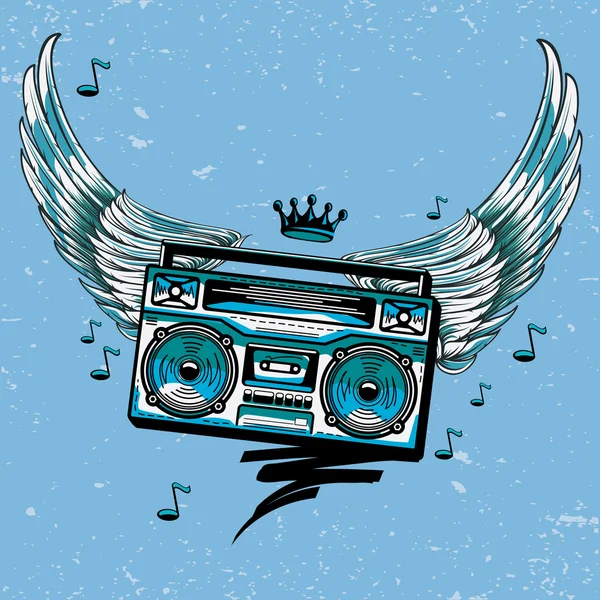 Drawn boom box & wings — Stock Vector