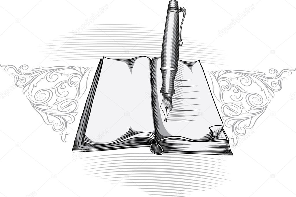 A book with a pen and ink, blank pages waiting to be written upon, open book,  pen with a beautiful elegant quill, a bottle of ink on Craiyon