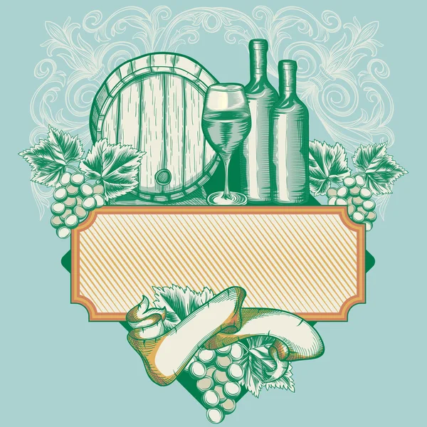 Verre à vin, bouteilles et tonneau avec feuilles de raisin décoratives — Image vectorielle