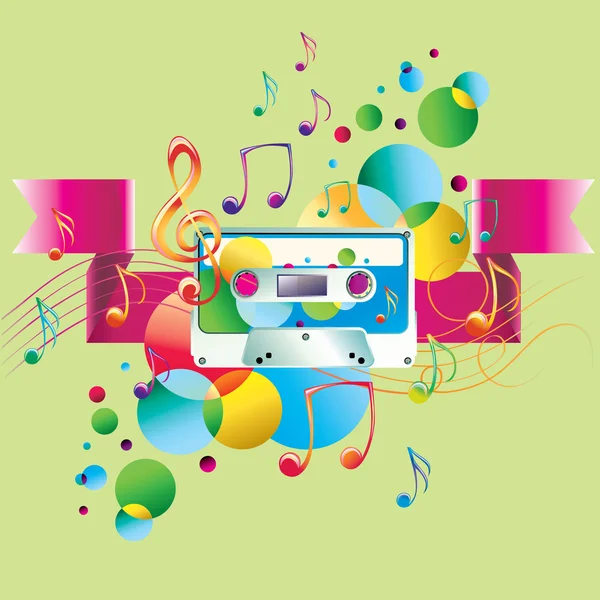 Notas, spots coloridos y cassette de audio — Vector de stock