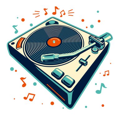 Renkli müzikal plak çalar ve notalar - müzik tasarımı