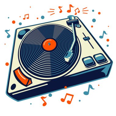 Renkli müzikal plak çalar ve notalar - müzik tasarımı