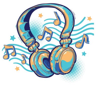 Müzik tasarımı - renkli kulaklıklar ve müzik notaları çizildi