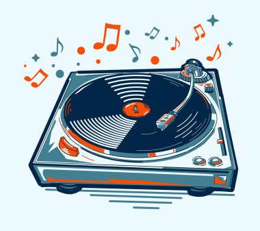 Renkli müzikal plak çalar ve notalar - müzik tasarımı